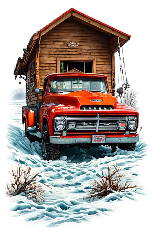 Orange Ice Fishing Hut With Red Pickup Truck