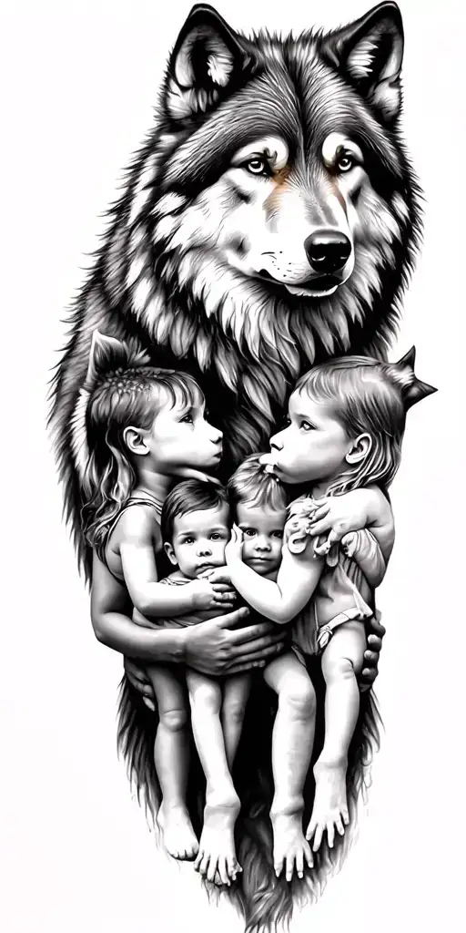 Wolf Parents Holding 4 Children Playing