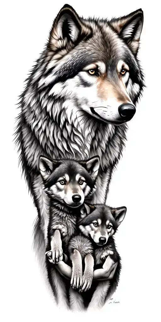 Wolf Parents Holding Their Cubs