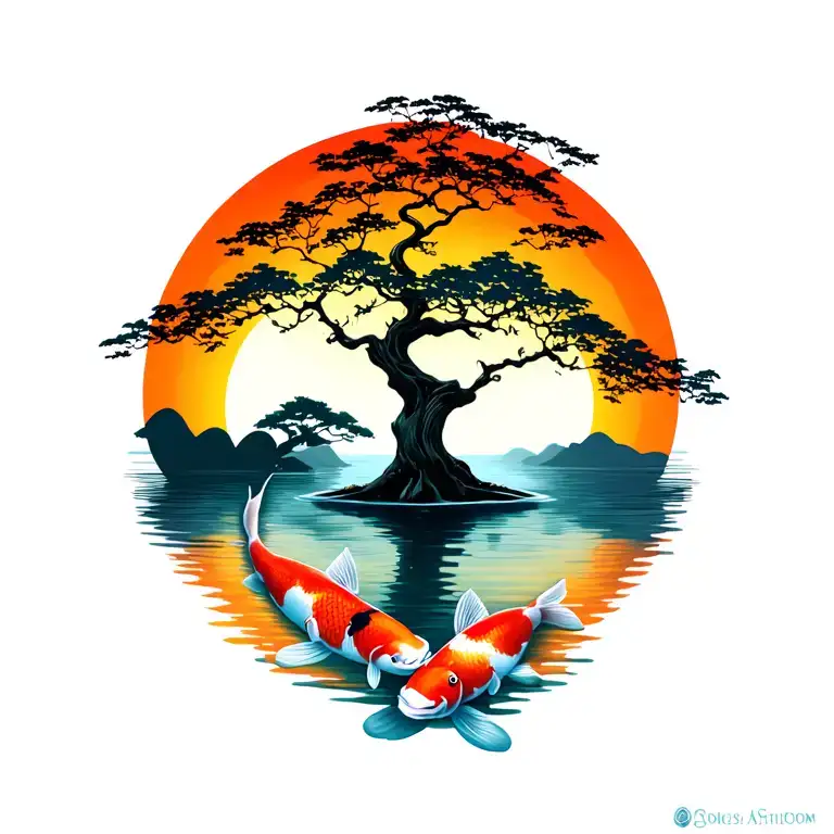 Sun Rising Behind A Bodhi Tree Two Koi Fish In A Pond Under Tree