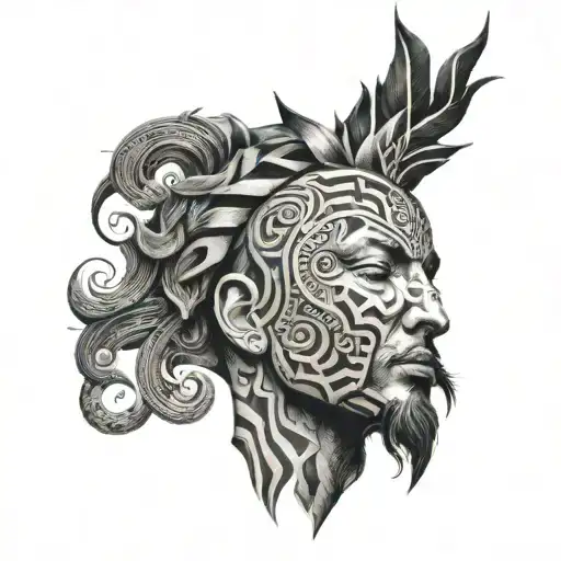 A God-like Figure With Intricate Black Shading And Geometric Patterns