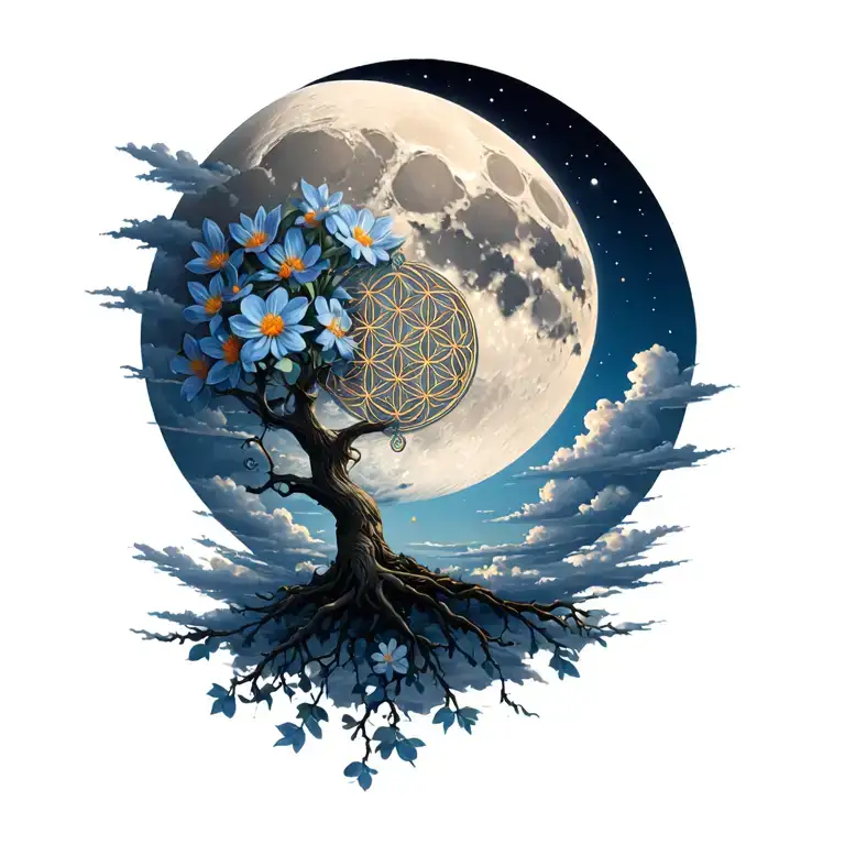 Moon With Clouds Surrounding Tree Of Knowledge Flower Of Life Designed Into Flower