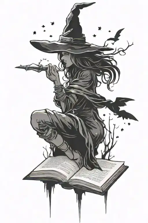 A Witchy Silhouette Reading A Book Under The Night Sky