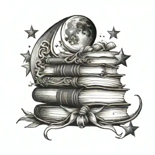 A Stack Of Books With A Crescent Moon And Stars Overhead