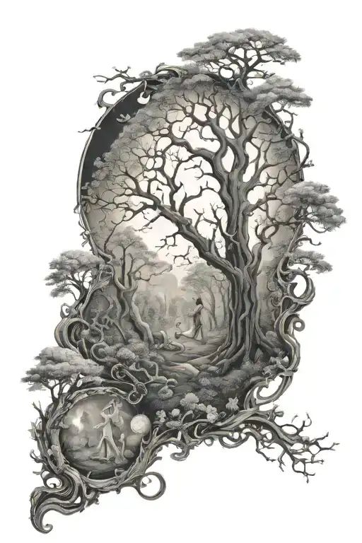 A Magical Moonlit Forest With Feminine Figures Reading