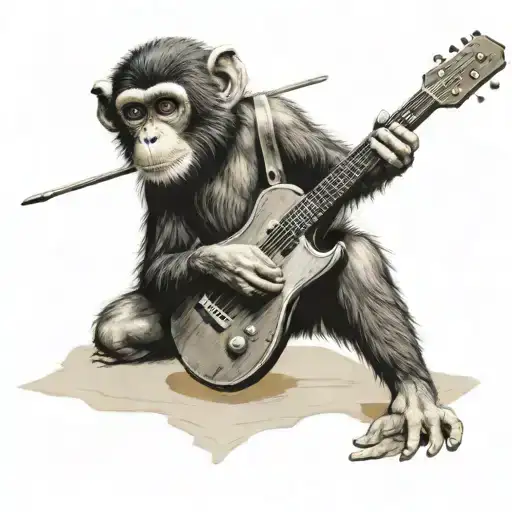 A Realistic Portrait Of A Monkey Archer Playing A Guitar On A Beach