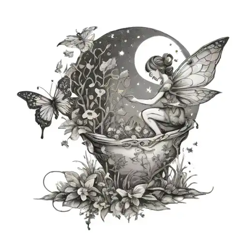 A Sketch Style Tattoo Of A Whimsical Scene Showing A Fairy Collecting Herbs Under A Starry Night Sky