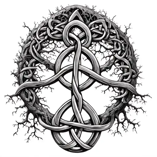 Realistic Knot Detailed Celtic Triquetra At Center Of Yggdrasil Tree