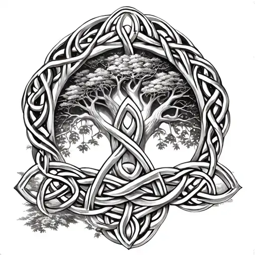 Realistic Knot Detailed Celtic Triquetra At Center Of Yggdrasil Tree