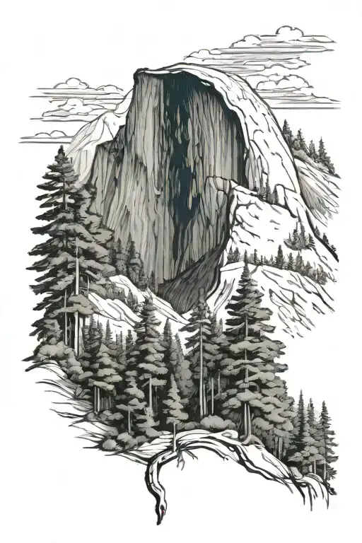 Half Dome With Trail Winding Through A Forest