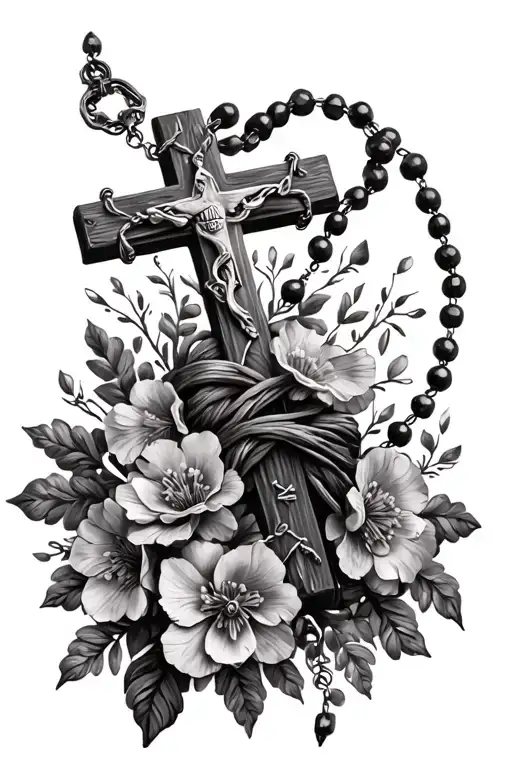 Simple Cross With Rosary And Flowers Wrapped