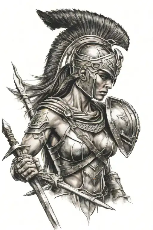 Beautiful Female Spartan Worrior Holding A Spear As Tall As Her With A Beautiful Feminine Face