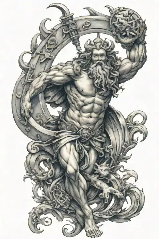 God Neptune With Neptune Planet Associated With Zodiac Pisces On The Biceps