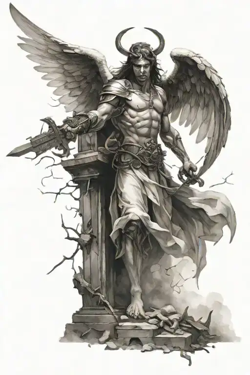 Angel Killing A Demon With A Sword Inside A Ruined Church