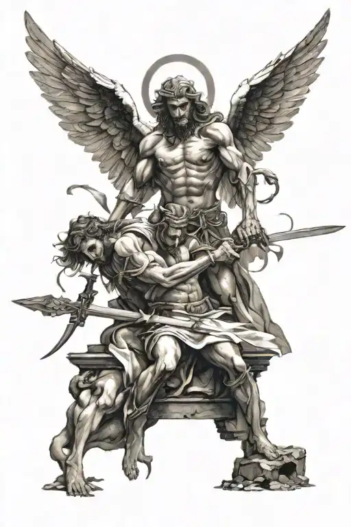 Angel With A Sword Killing A Demon Lying On The Ground Inside A Ruined Church