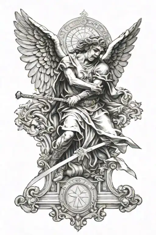Tattoo Of Angel With A Sword Murdering An Angel Lying On The Floor Inside A Church
