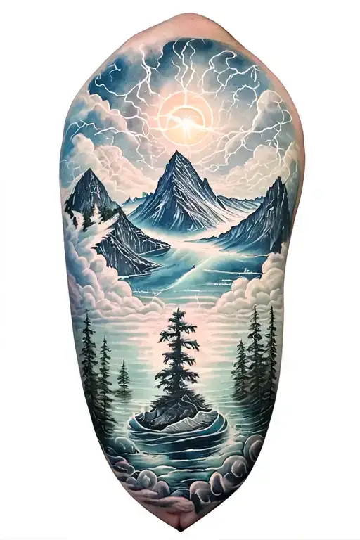 Fjord And Lightining Storm And Vegvisir And Nature