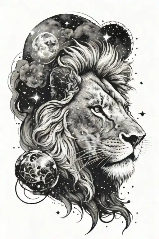 A Lions Head In A Galaxy With Stars And Planets In Black And White