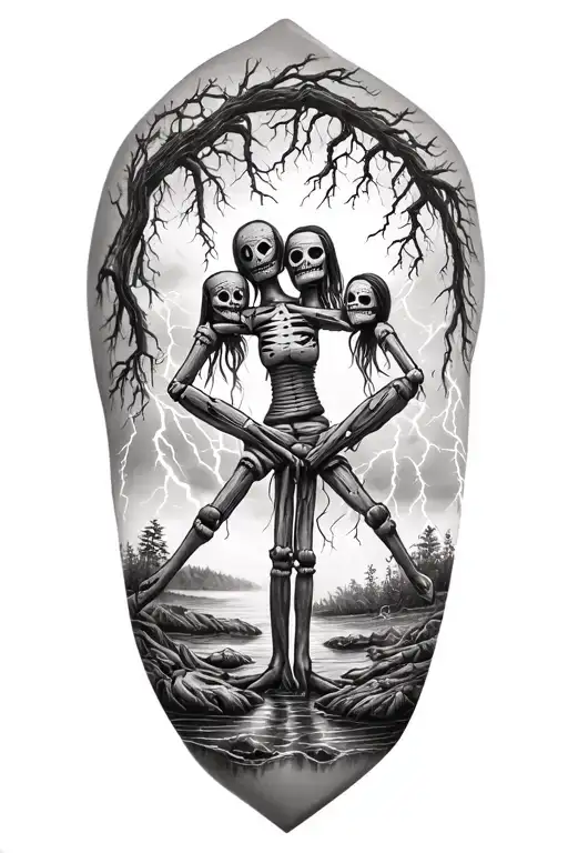 Three Voodoo Doll Sitting Side By Side And Nature And Lightning