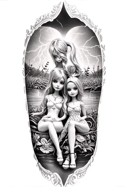 Three Doll Sitting Side By Side And Nature And Lightning