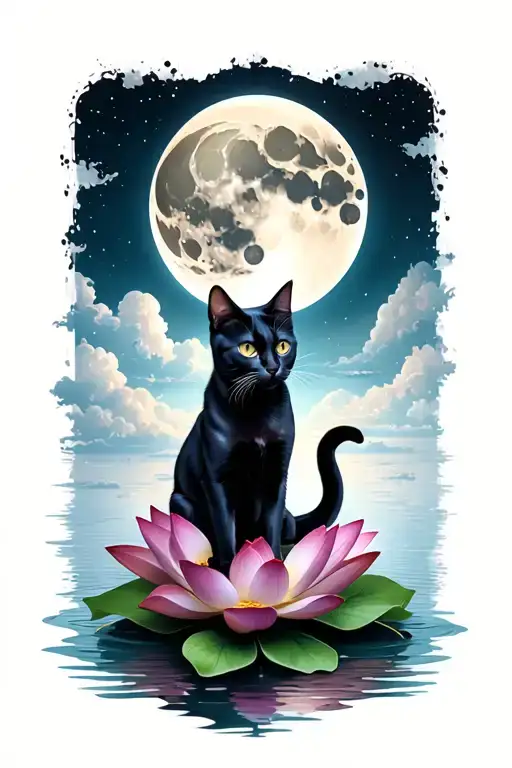Black Cat Looking Towards The Sky Sitting On A Lotus Flower And A Moon Crescent In The Background