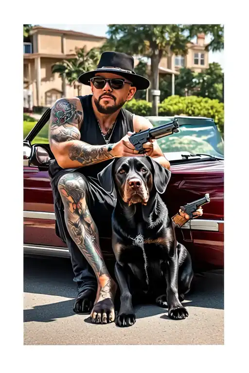 Realistic Gangster With Pistols On A Convertible With A Black Labrador