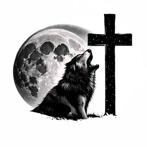 Wolf Howling At Moon With A Cross In The Ground