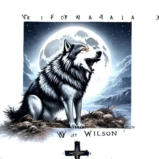 Wolf Howling At Moon With A Cross In The Ground And The Name Wilson At The Bottom