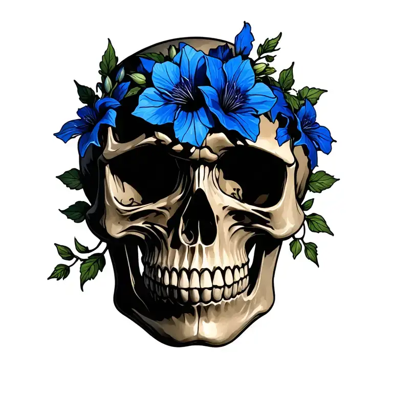 Tribal Skull With Blue Colorado Columbines And Vines