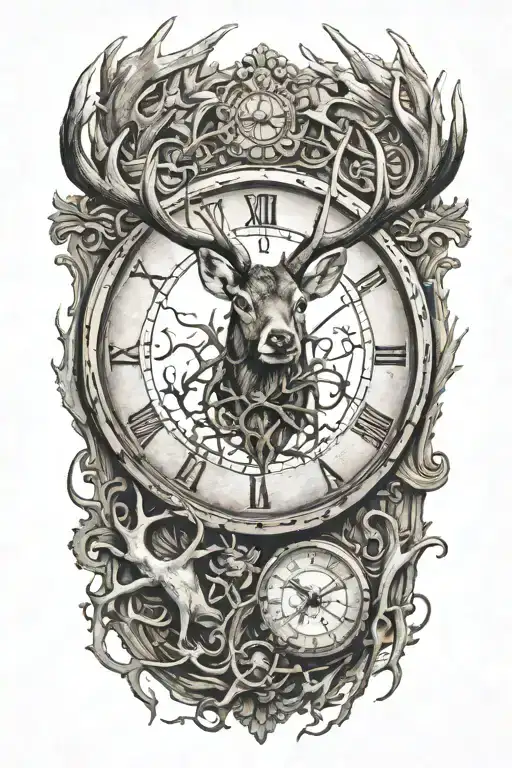 Broken Clock With Time Running Deer Antlers
