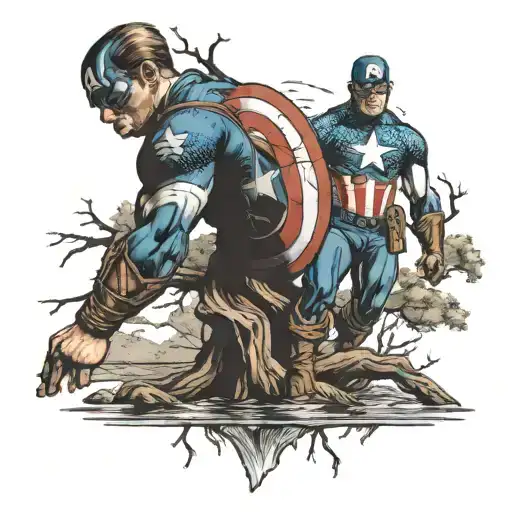 Captain America Standing Astride A River With An Old Oak Tree In The Background