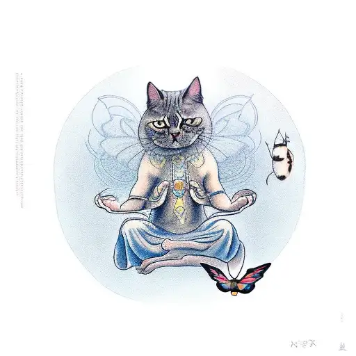A Cat In Monk Attire Meditating But Getting Distracted By A Flying Butterfly