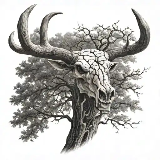 Oak Without Leaves And A Bull Skull On The Tree And Coordinates Written Underneath The Tree
