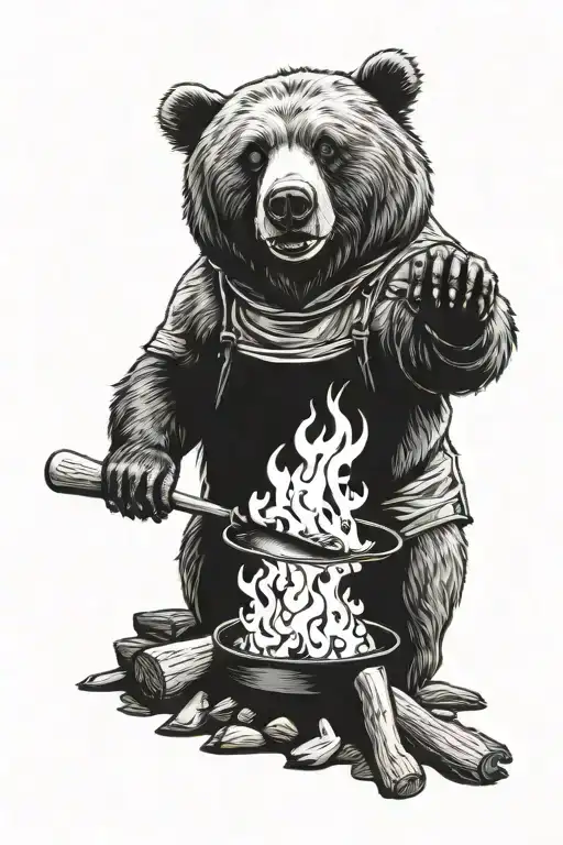 Realistic Bear Cooking Over A Campfire In A Mexican Style