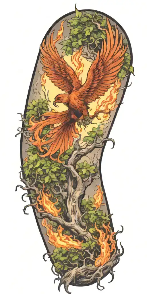 The Phoenix Rising From A Burning Tree Thats Being Burned By A Dragon