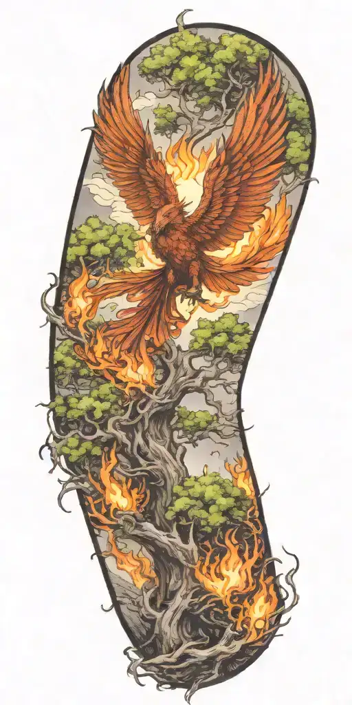 The Phoenix Rising From A Burning Tree Thats Being Burned By A Raging Dragon