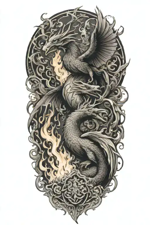 Phoenix And Dragon Rising From A Raging Fire