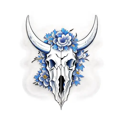 Bull Skull With Blue Flowers