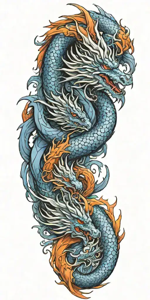 A Blue Dragon And A Red Orange Phoenix