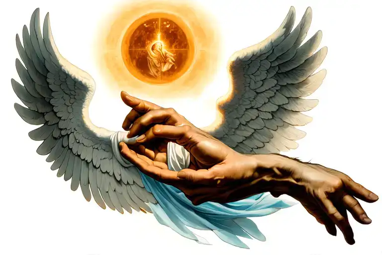 Creation Of Adam Hands Pointing With Angel Wings Spread In Background