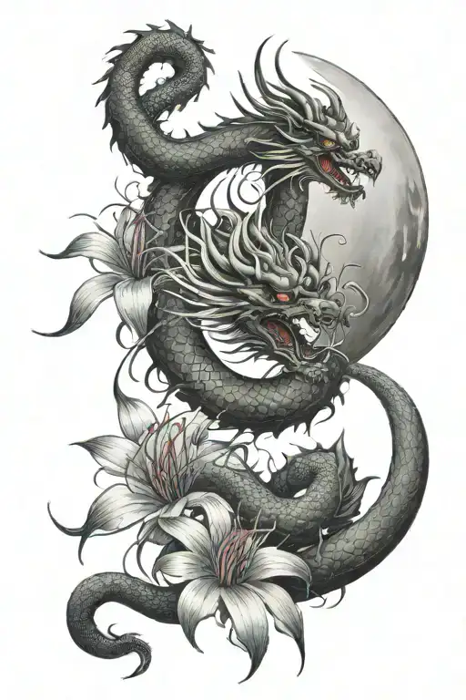 Chinese Dragon With Spider Lily And Moon