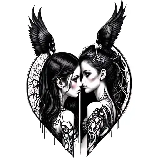 Goth Cyborg Gemini Sisters Conjoined Facing Each Other