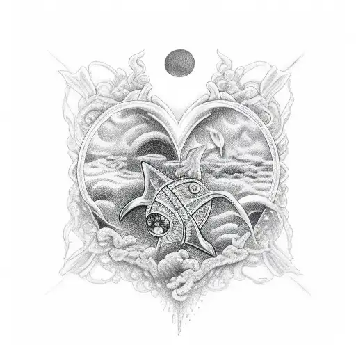 A Black-grey Tattoo Of A Serene Water Scene With A Love Symbol Hidden Within