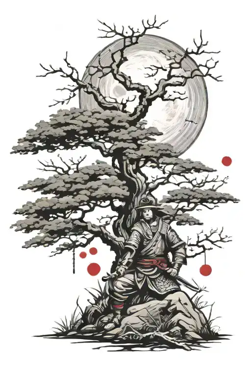 Samurai Under A Tree With A Blood Moon