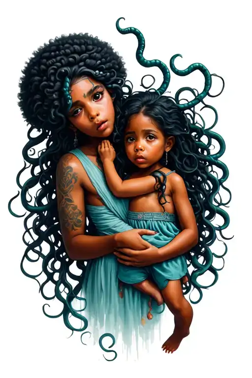 Medusa Tattoo With Her Holding A Scared Little Brown Skinned Girl With An Afro