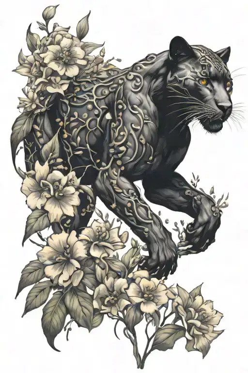 Black Panther Walking Through Stalks Of Full Blooming Explosion Of Flowers