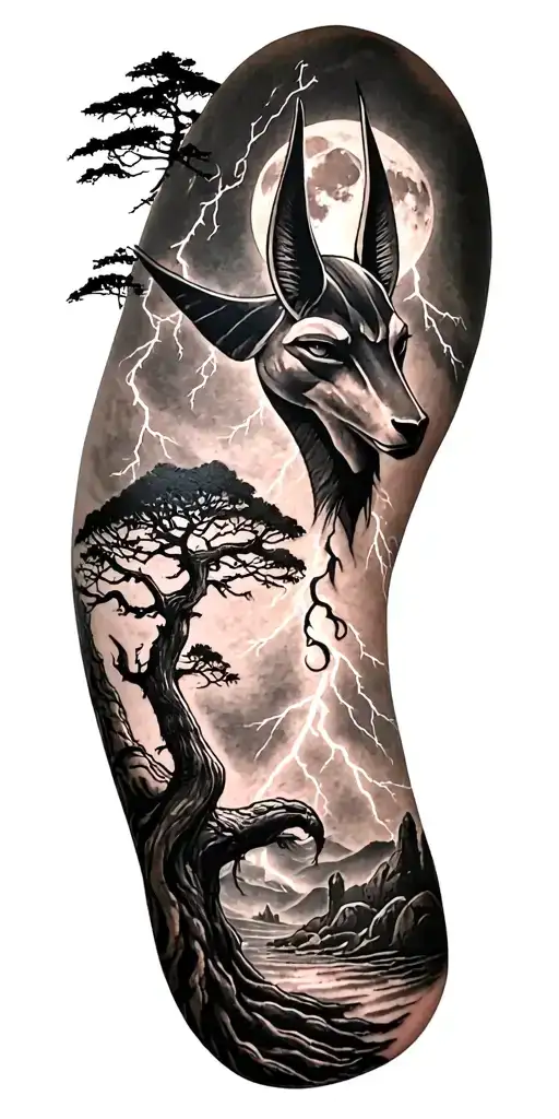 Viking Rume And Moon And Tree And Lightning Bolt Featuring Anubis