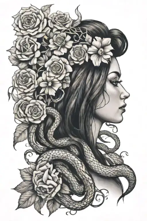 Beautiful Woman With Hair Made Of Flowers Next To A Broken Woman With Hair Made Of Snakes
