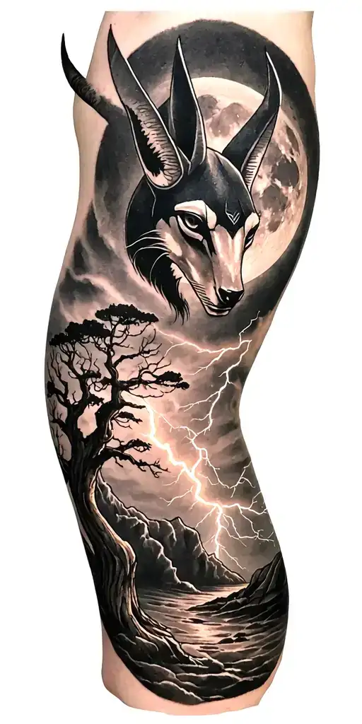 Viking Rume And Moon And Tree And Lightning Bolt Featuring Anubis