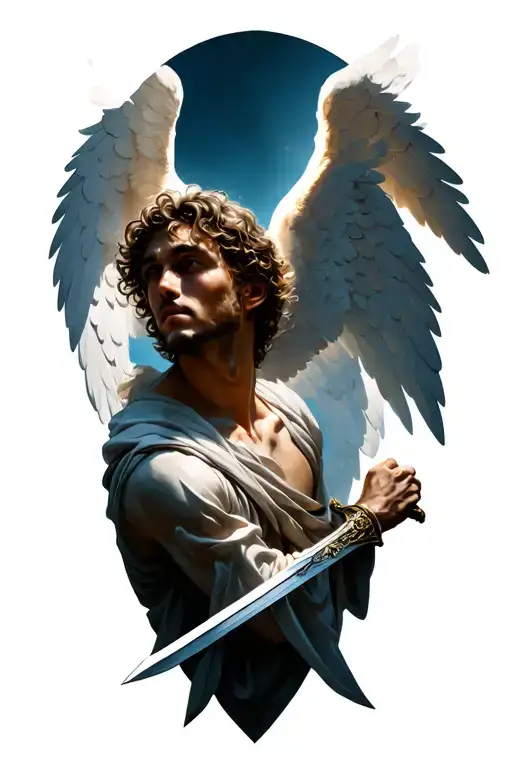 An Angel In Heaven Looking Back Over His Shoulder Holding A Sword In His Right Hand